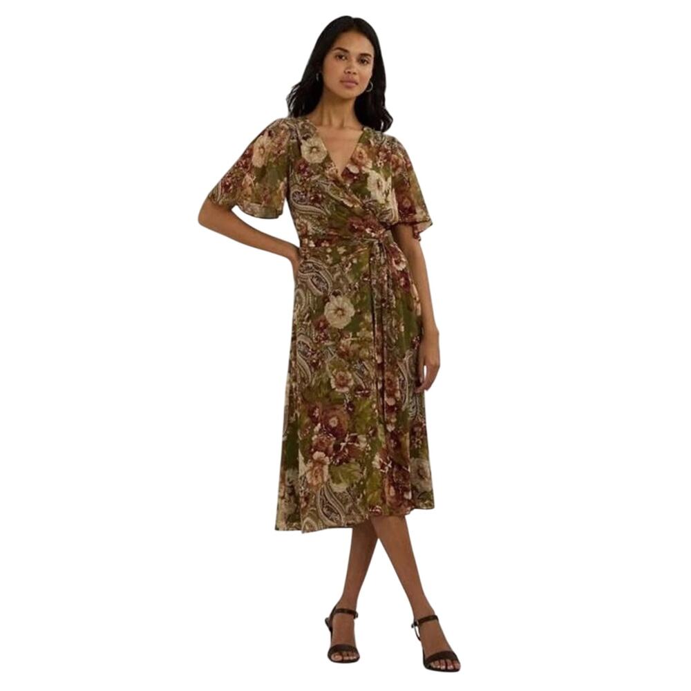 Ralph Lauren $199 Floral Belted Crinkle Georgette Boho Midi Dress Size 0